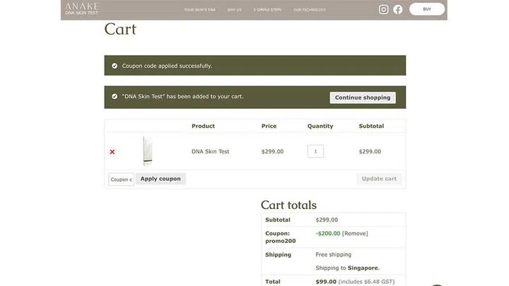You'll need to add the full-priced $299 DNA test kit to your cart first. When you review your cart, you'll then see the promo price