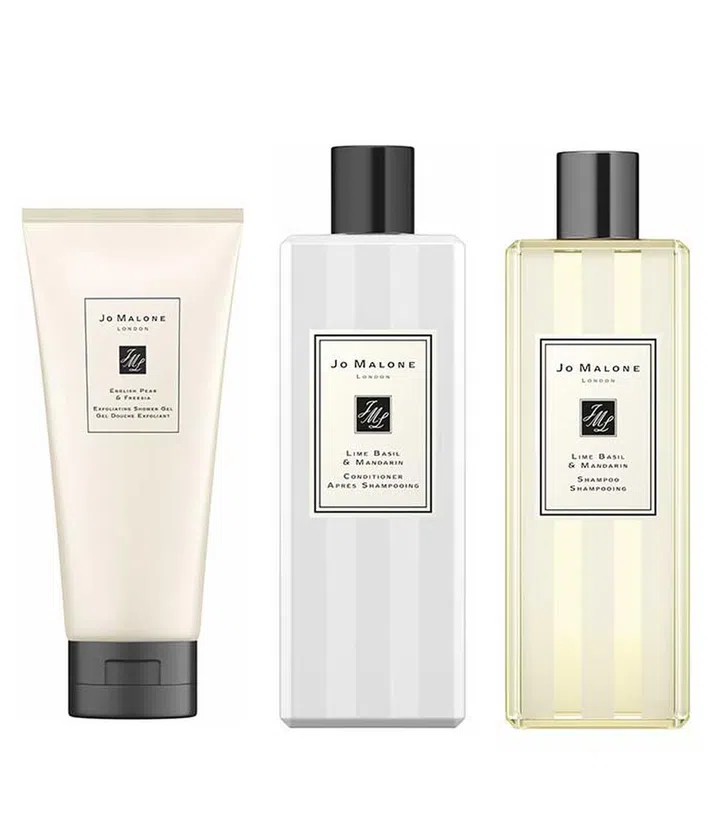 English Pear & Freesia Exfoliating Shower Gel ($75), Lime Basil & Mandarin Conditioner ($58) and Shampoo ($58)