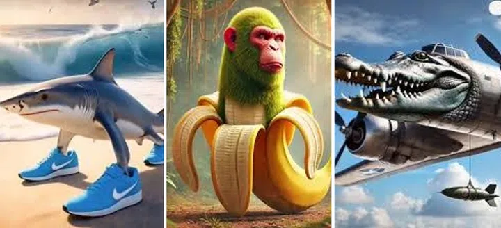 Italian brainrot memes from left to right: Tralalero Tralala, Chimpanzini Bananini, Bombadiro Crocodilo. Images are AI-generated.