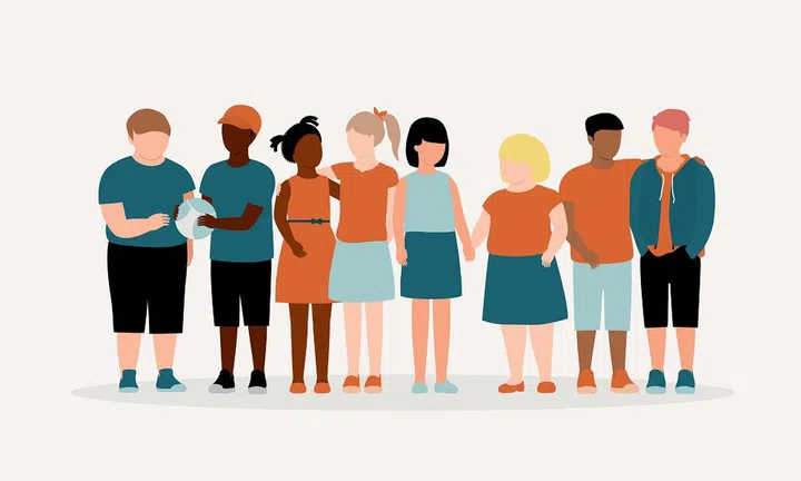 Portrait Of Diverse Group Of Children Bonding With Each Other. Full Length, Isolated On Solid Color Background. Vector, Illustration, Flat Design, Character.