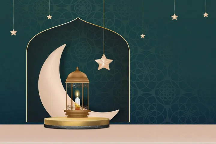 Islamic Podium with Traditional islamic lantern with Crescent moon,Star hanging on green background, Vector Backdrop of Religion of Muslim Symbolic,Eid al fitr, Ramadan Kareem,Eid al Adha,Eid Mubarak