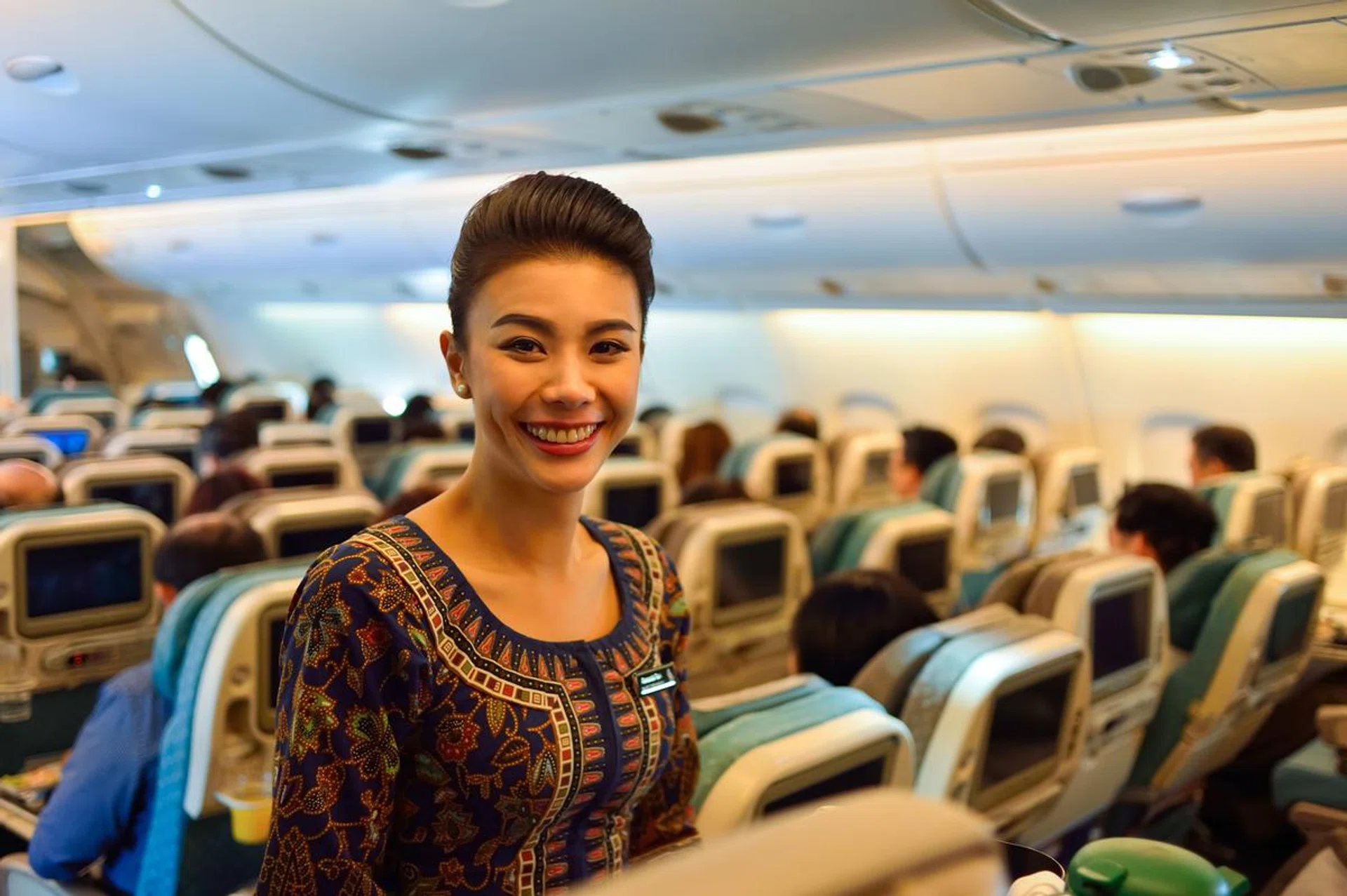 53272875 - singapore - november 03, 2015: singapore airlines crew member on board of airbus a380. singapore airlines limited is the flag carrier of singapore which operates from its hub at changi airport