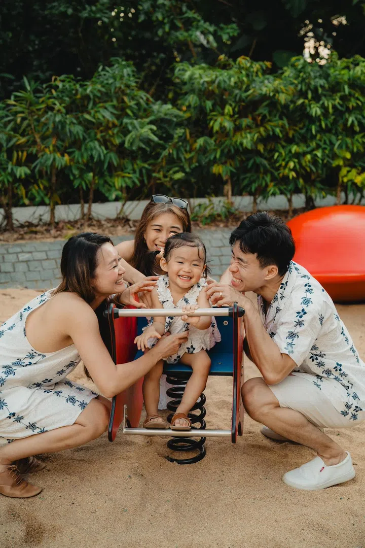 Hui Lin, baby Jane and Marcus in the foreground, with doting aunt May at the back. Photo: Toh Hui Lin