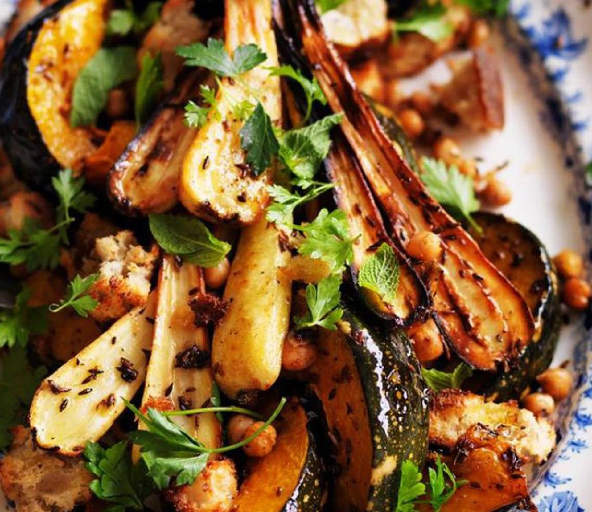 Roast Cumin Pumpkin & Parsnip With Hummus Dressing