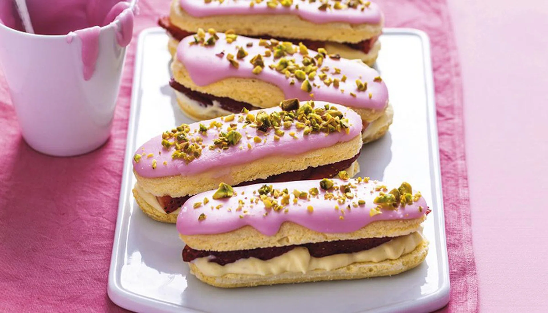 Family Sweets - Tickled Pink - Strawberry and pistachio eclairs