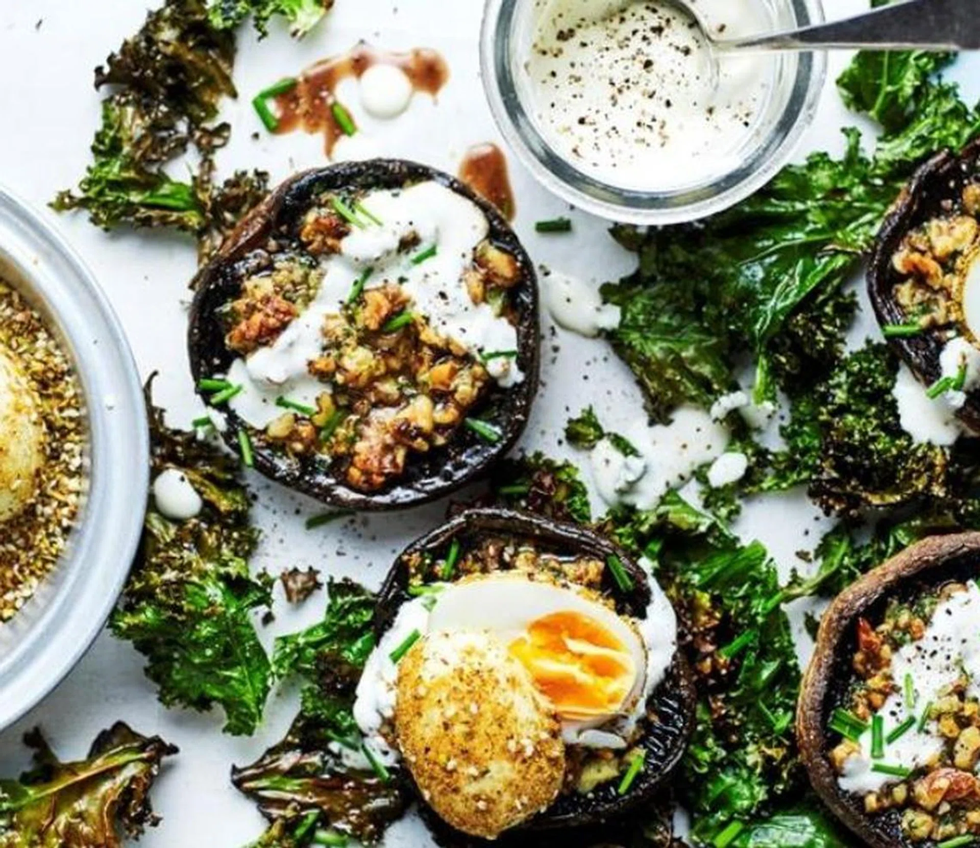 Grilled Mushrooms With Soft-Boiled Dukkah Eggs & Crisp Kale