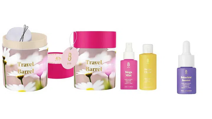 BYBI Beauty Travel Barrel Skincare Set ($49) and Bakuchiol Booster ($23)