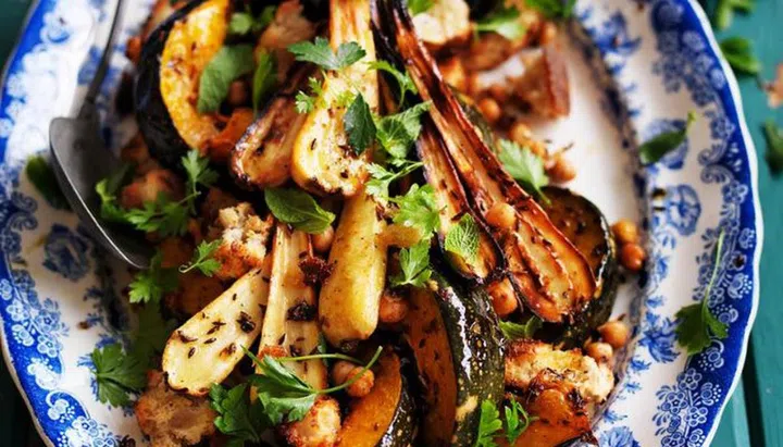 Roast Cumin Pumpkin & Parsnip With Hummus Dressing