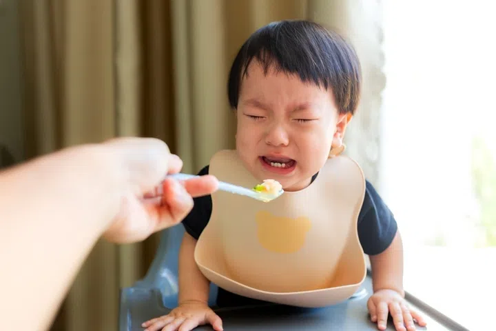 Asian toddler boy crying and refusing to eat while sitting in a baby high chair as a parent offers food with a spoon. Real-life toddler feeding struggle showing picky eating behavior during mealtime. Natural home setting near a window, highlighting common parenting challenges with toddlers who refuse food during the feeding stage.