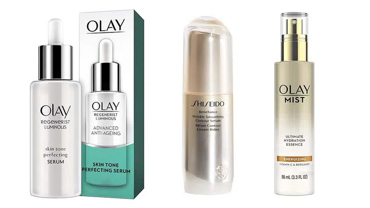 From left: Olay Regenerist Luminous Tone Perfecting Treatment serum (out of stock); Shiseido Benefiance Wrinkle Smoothing Contour Serum ($130); Olay Face by Hydrating Facial Spray ($23.34)