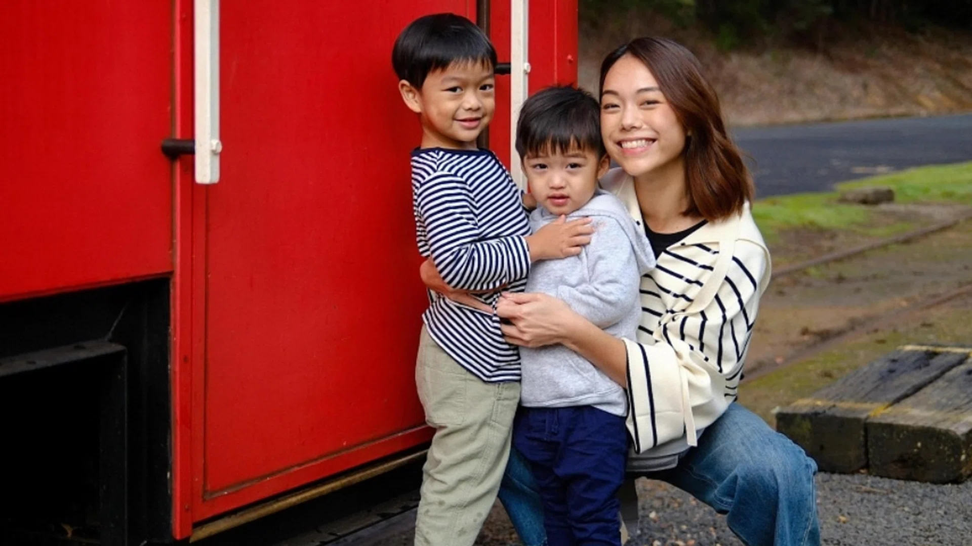 Fashion-lifestyle entrepreneur Andrea Chong with her sons, Ezra Isa Imran (left) and Elia Adam Imran (centre), in Perth. PHOTO: COURTESY OF ANDREA CHONG