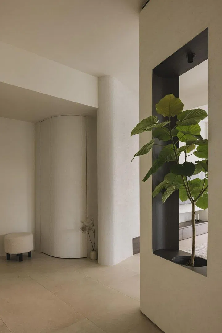 Curved store room door concealed in a corner in this private condominium apartment in Serangoon Gardens.Image Home & Decor