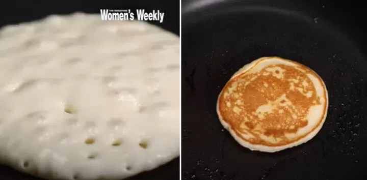 03. Cook until bubbles break on top and edges start to dry. It is then ready to be turned. Flip the pancake on the other side and cook for one minute or till golden brown.
03. Repeat until batter is used up.