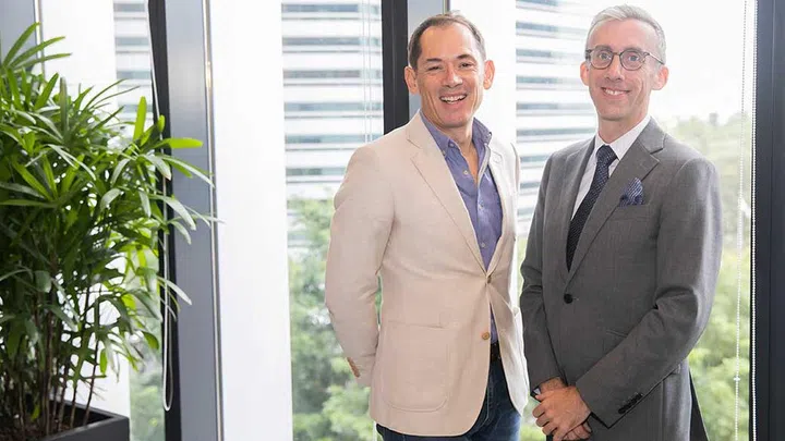 From left, Jason Humphries and Dr John O’Shea, founders of Good Pharma Dermatology and the household moisturiser brand, Suu Balm
