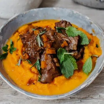 Braised Beef Cheeks With Minted Carrot Puree