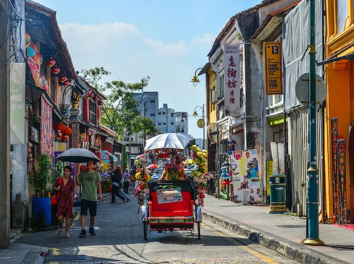 George Town, Malaysia - Apr 3, 2019. Old street in George Town, Malaysia. Established in 1786, the Town was the first British settlement in Southeast Asia.