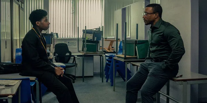 Adolescence. (L to R) Amari Jayden Bacchus as Adam Bascombe, Ashley Walters as Detective Inspector Bascome, in Adolescence. Cr. Courtesy of Ben Blackall/Netflix © 2024