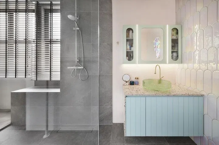 Eclectic vintage bathroom in this 2-bedroom walk-up apartment along East Coast Road.