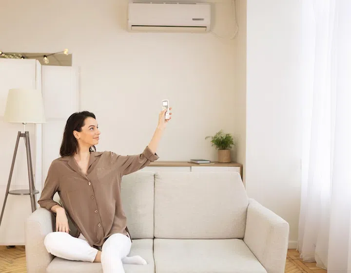 Domestic Life, Climate Control. Happy woman switching on air conditioner while sitting on couch, copyspace