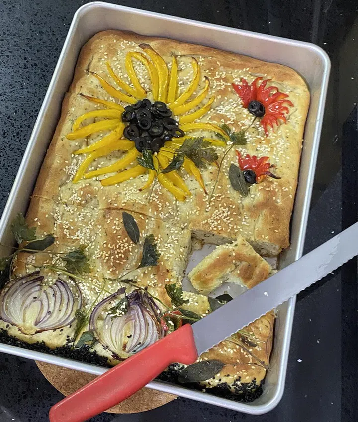 Serve with your favourite soup or salad. You can also make a sandwich with your homemade focaccia.