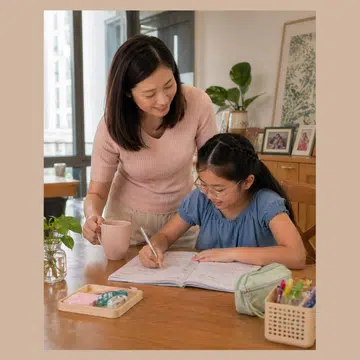 Asian mum helping daughter study for the PSLE exam
