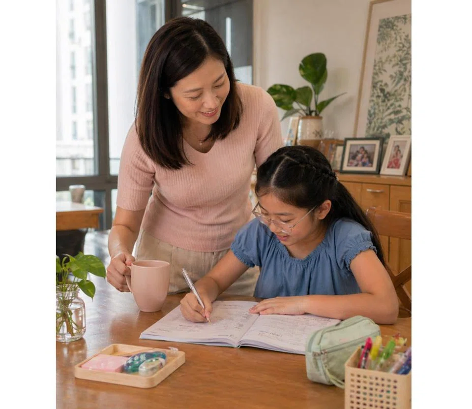 Asian mum helping daughter study for the PSLE exam