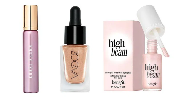 Bobbi Brown Face Highlighter In Pink Glow ($65); Zoeva Liquid Light Drops Highlighter ($35); Benefit High Beam Face Highlighter ($31)