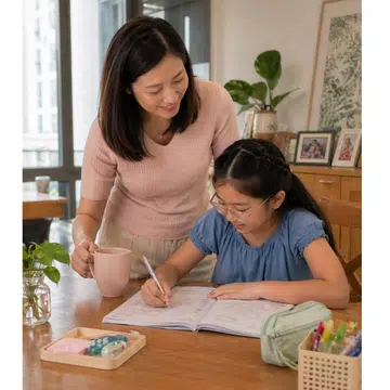 Asian mum helping daughter study for the PSLE exam