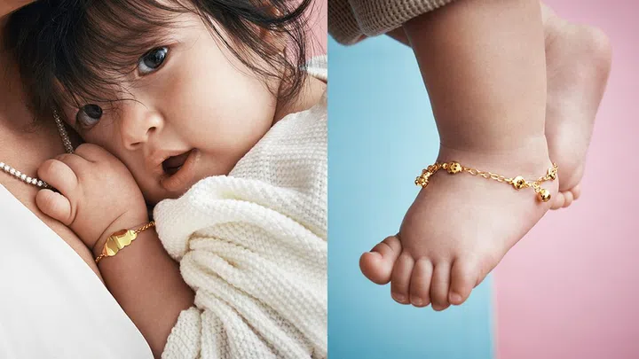 Tofu wears a Poh Heng Baby Bracelet (with engraving option); Joshua, wears a Poh Heng Baby Anklet