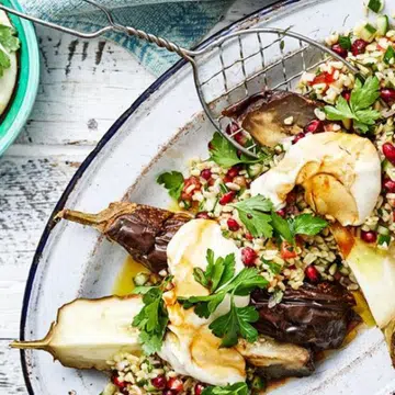 Smoky Eggplant With Lentil & Pomegranate Crunch