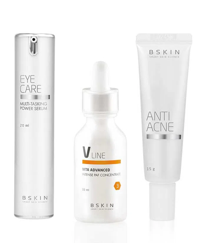 BSKIN Eye Care Multi-Tasking Power Serum ($139), BSKIN Vita Advanced Intense PAF Concentrate ($158), BSKIN Anti-Acne 3C Spot Treatment ($38)
