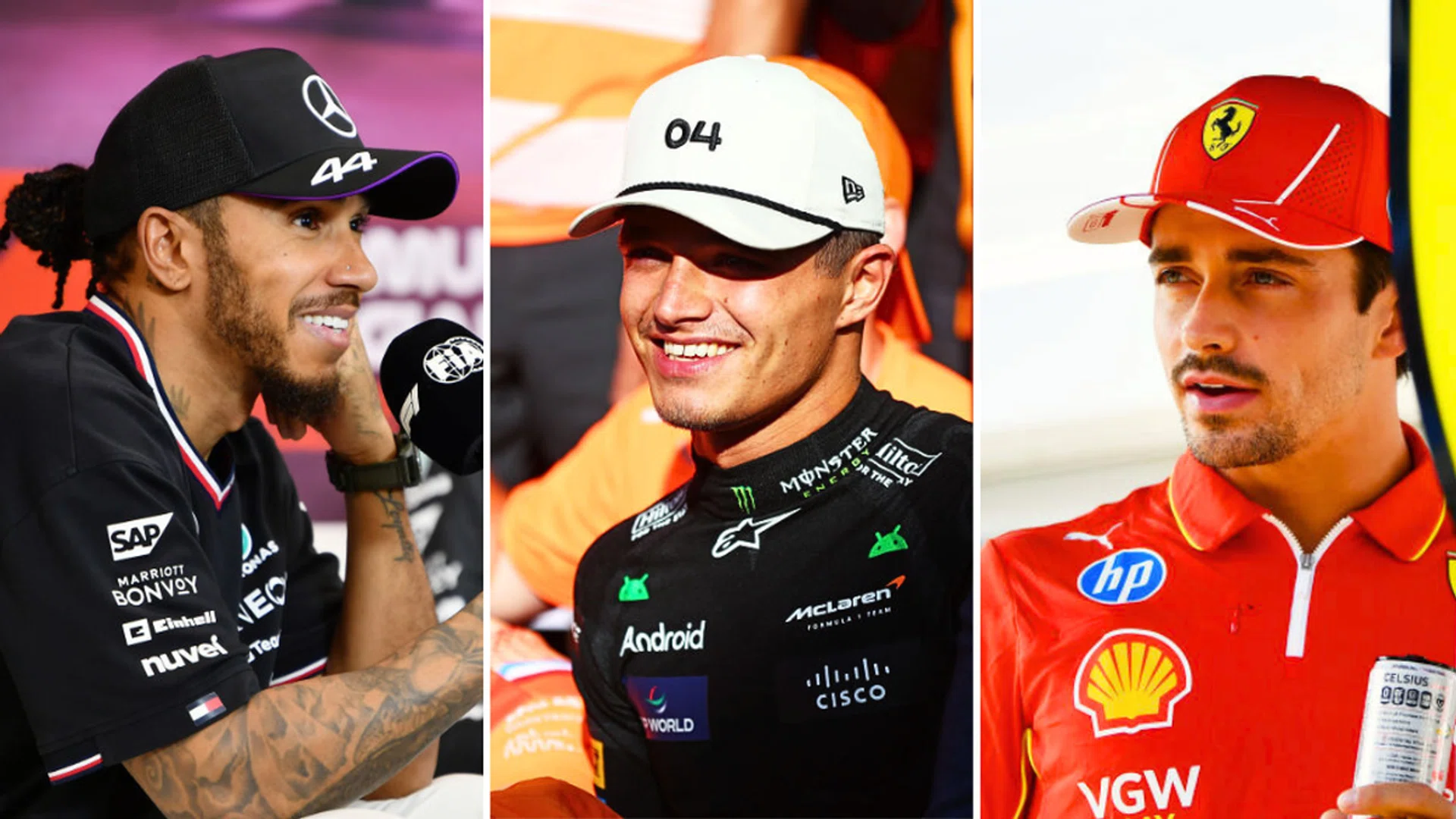 From left: Lewis Hamilton, Lando Norris and Charles Leclerc. Credit: Getty