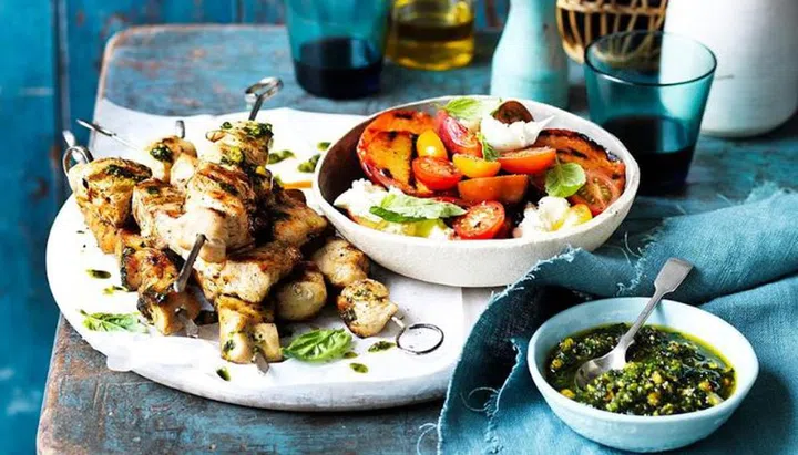 Chicken Skewers With Peach Caprese Salad