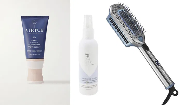 Virtue Correct UnFrizz Cream ($57); Philip Kingsley Finishing Touch Hairspray ($34.50); BaBylissPRO CryoCare TheColdBrush (US$149.99)