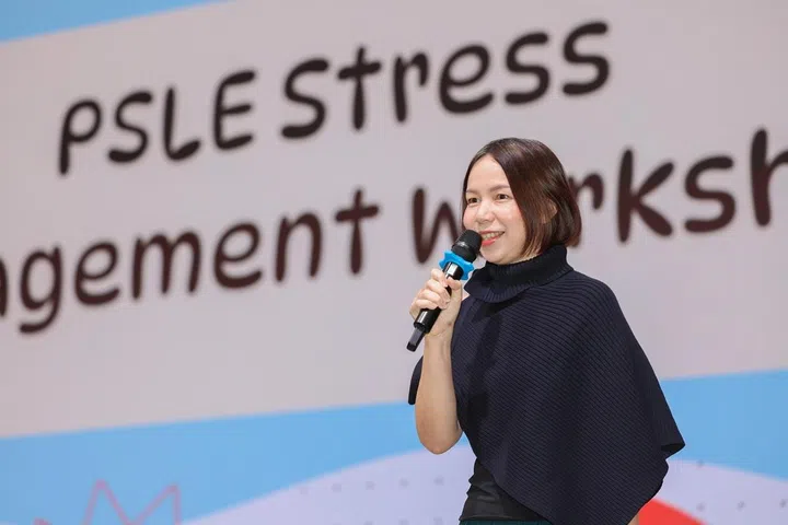 June Yong, counselling associate and family life specialist from Focus on the Family Singapore, speaking at the ST PSLE Stress Management Workshop