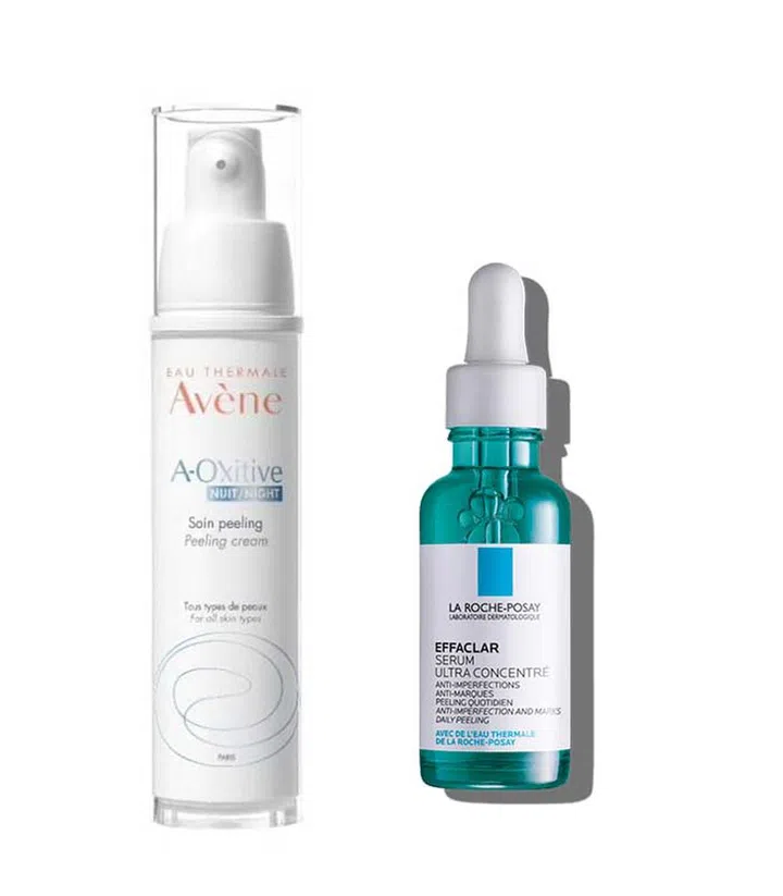 From left: Avène A-Oxitive Night Peeling Cream For Sensitive Skin ($79.90); La Roche-Posay Effaclar Serum ($41.17). Photo from Watsons