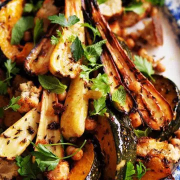 Roast Cumin Pumpkin & Parsnip With Hummus Dressing