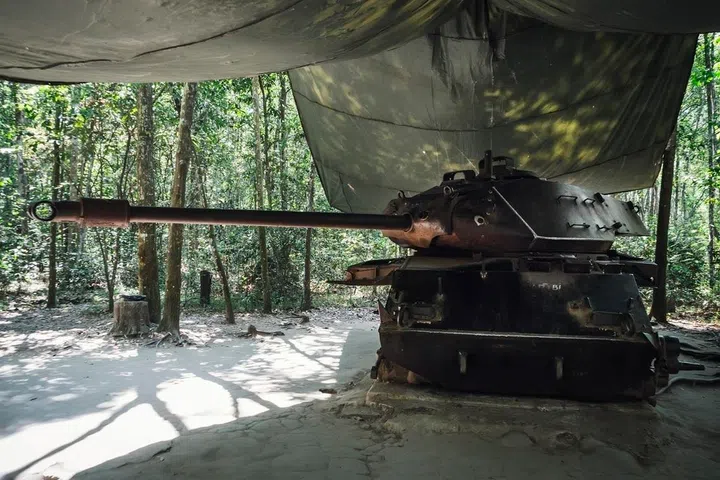 American Tank destroyed by Viet Congs in Cu Chi, Vietnam in 1970.  Cu Chi suburban district of Ho Chi Minh city