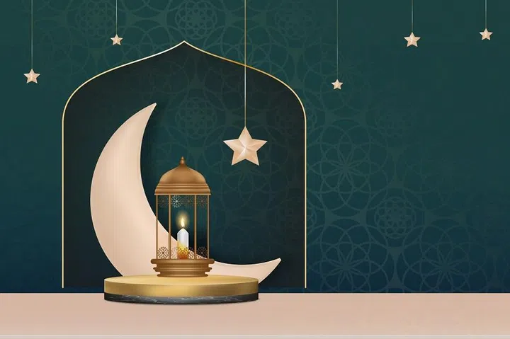 Islamic Podium with Traditional islamic lantern with Crescent moon,Star hanging on green background, Vector Backdrop of Religion of Muslim Symbolic,Eid al fitr, Ramadan Kareem,Eid al Adha,Eid Mubarak