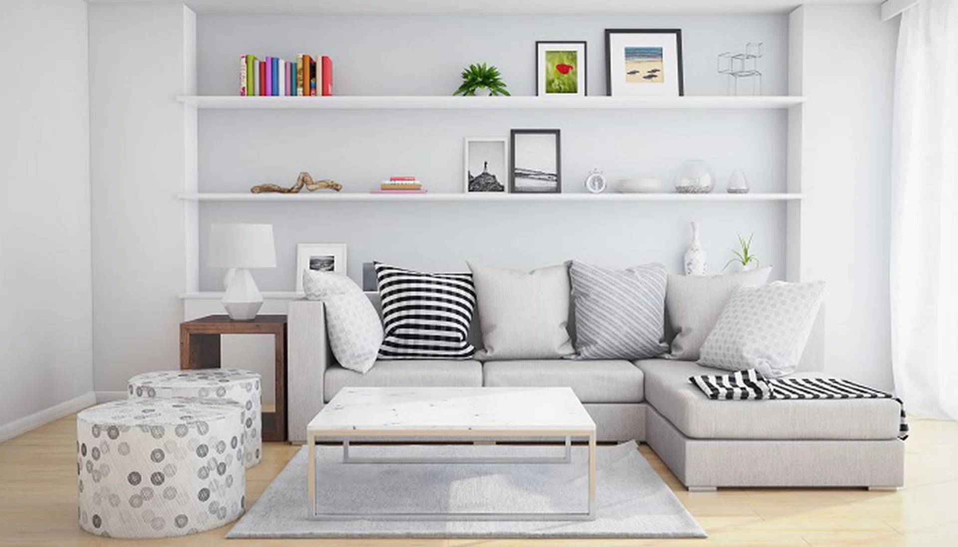 36976086 - interior of a living room with shelves and sofa with pillows.