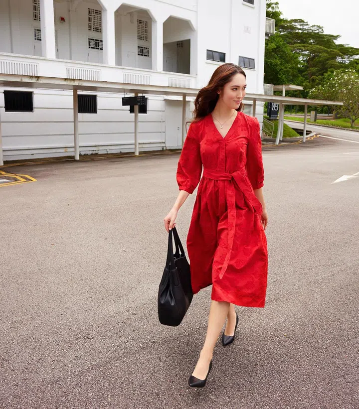 British-Singaporean fashion model and television personality Aimee Cheng-Bradshaw was engaged by Marks & Spencer to model the collection's campaign shots, showcasing the line-up's effortless style and elegance.Cotton Jacquard V-Neck Midi Waisted Dress. Photo: Marks & Spencer
