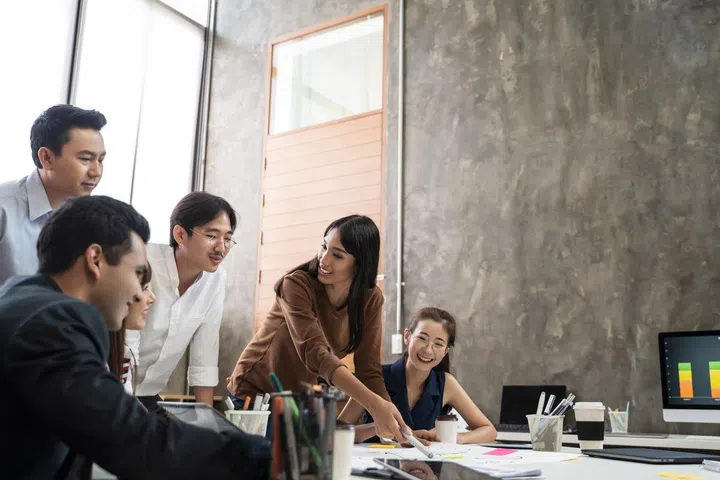 Asian business people team meeting in modern office design planning ideas concept