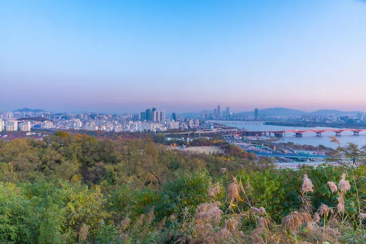 Sunset aerial view of downtown Seoul from Haneul park, Republic of Korea