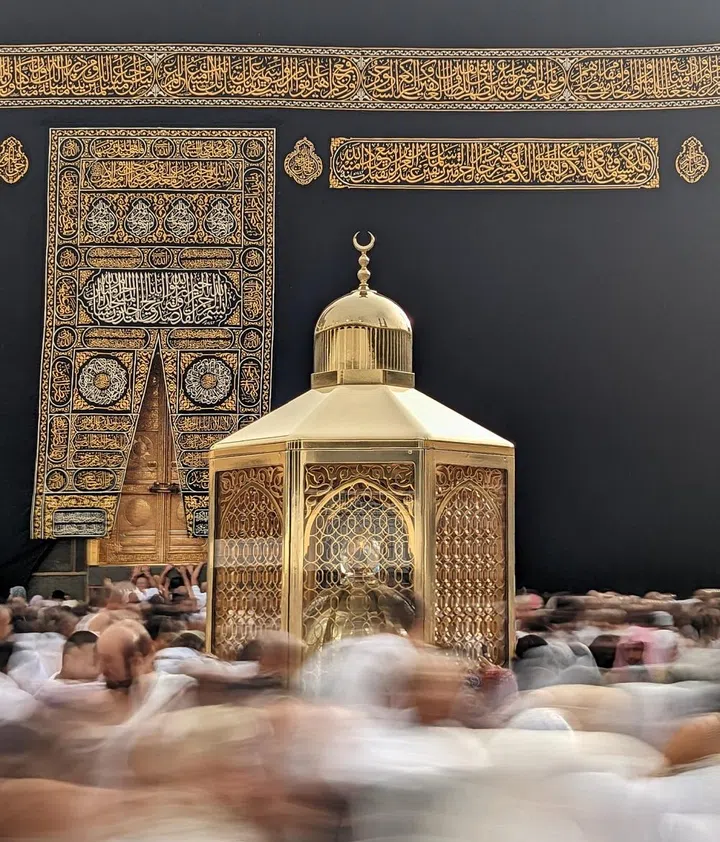 Station of Abraham or Maqam e Ibrahim inside Masjid al Haram where Pilgrims do Tawaaf of Khaana Kaaba for Hajj and Umrah | People wear Ihram Clothes for Haj and Umra, Mecca, Saudi Arabia | Prophet Ibraheem
