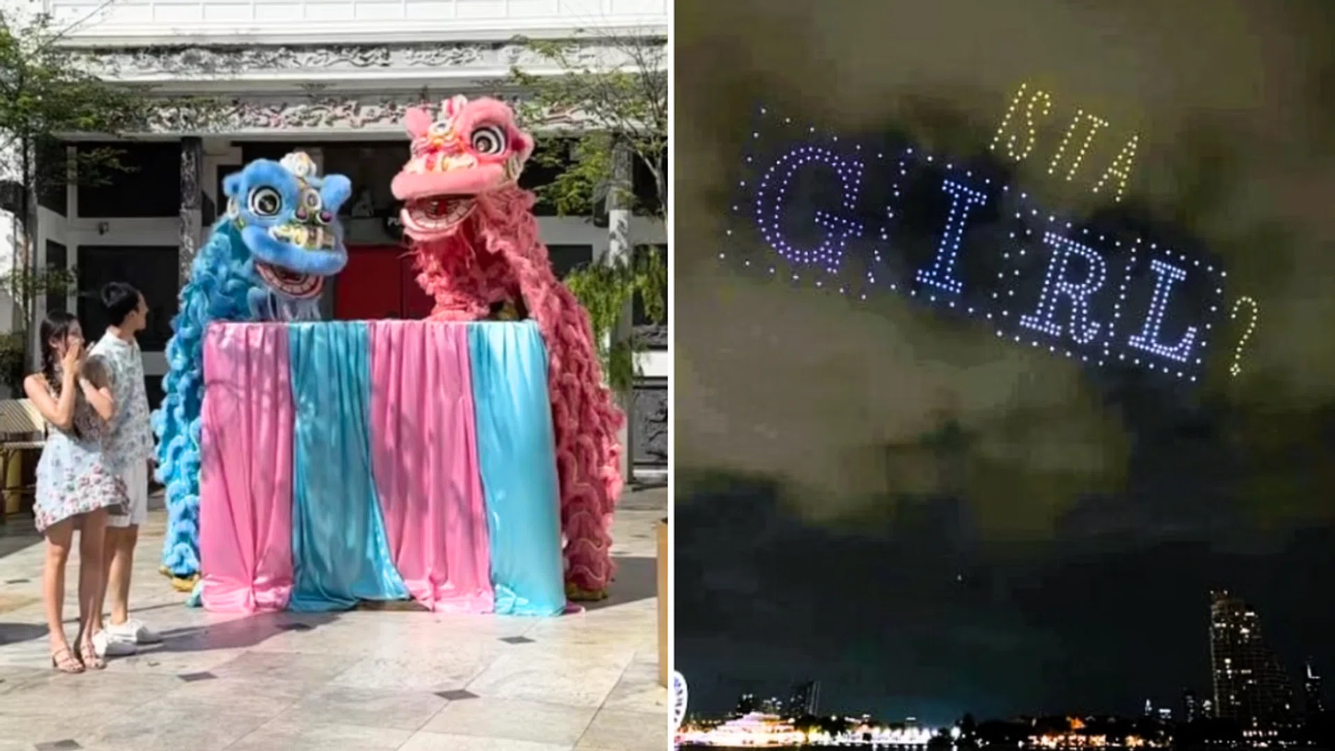 Lion dances and drone shows are just two of the inventive gender reveals that have popped up in Singapore of late. PHOTOS: GRACE KHOO, SCREENSHOT FROM KIM LIM/INSTAGRAM