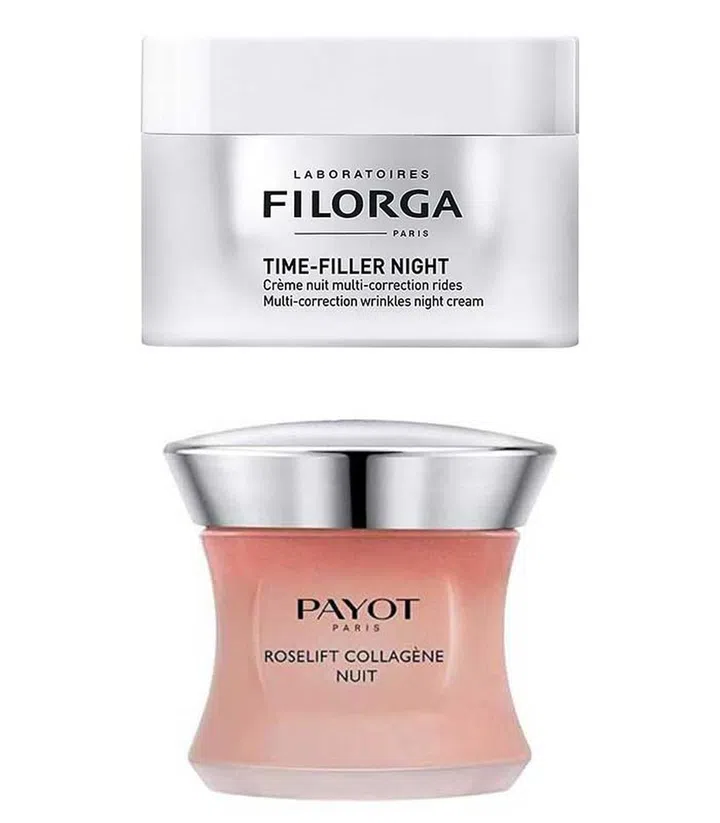From left: Filorga Time-Filler Multi-Correction Wrinkles Night Cream ($92); Payot Roselift Collagène Nuit ($159). Photographs from iShopChangi/ Tangs