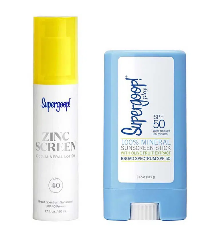 Supergoop! Zincscreen 100% Mineral Lotion SPF 40  ($64) and 100% Mineral Sunscreen Stick SPF 50 ($37)