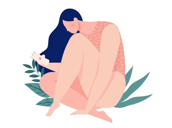 A girl bleeding hugging her leg with a pad in the menstrual period on background of leaves and plants. Eco protection for woman in critical days. Vector illustration
