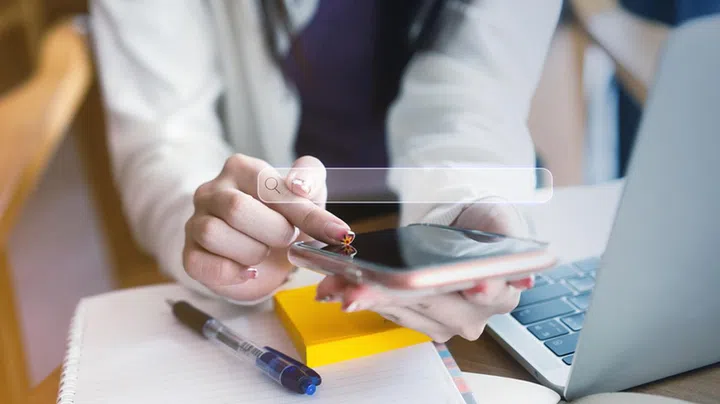 Searching find information on internet website concept. Closeup woman hand with fashion nail using smartphone with browser bar. People lifestyles with modern technology.