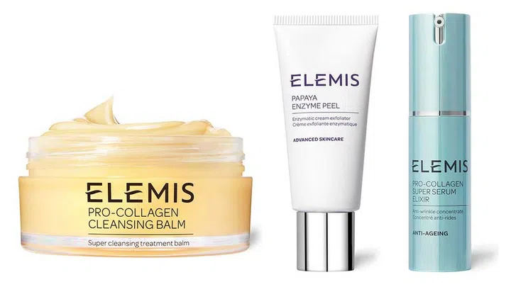 ELEMIS cleansing balm ($90), Papaya Enzyme Peel ($72), collagen anti-wrinkle serum ($110)